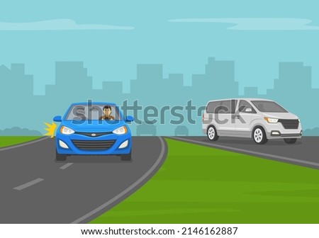 Off-ramp driving. Merging with traffic. Blue sedan car exiting a highway. Front view. Flat vector illustration template.