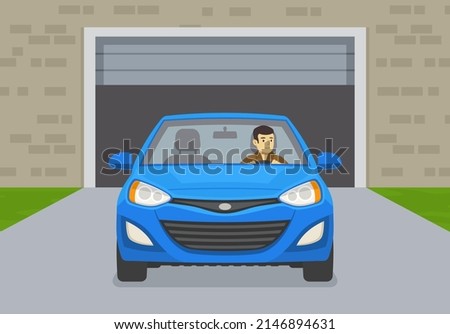 Driving a car. Front view of a car leaving the garage. Young man driving a blue mini car. Flat vector illustration template.