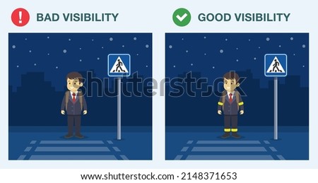 Good and bad visibility. Pedestrian road safety rules. School boy about to cross the road at night. Young kid wearing reflective bracelets. Flat vector illustration template.