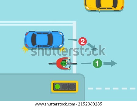 Safe bicycle riding and traffic regulation rules. Giving way to cyclist on the continuing road when turning on crossroads. Flat vector illustration template.