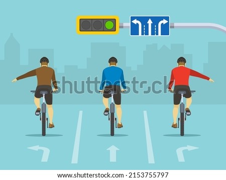 Traffic regulation on roads. Safe bicycle riding. Lane direction road sign and road marking. Back view of a cyclists showing turning gesture while cycling. Flat vector illustration.