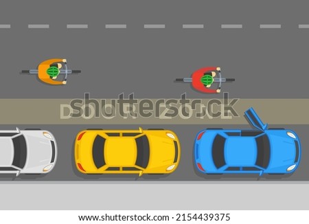 Safe bicycle riding and traffic regulation rules. Top view of a bicycles on a city road. Be careful, avoid the door zone. Flat vector illustration template. Photo stock © 