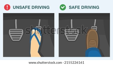 Driving rules and tips. Safe and unsafe driving. Driving in flip flops are not allowed. Flat vector illustration template.