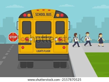 Safe driving rules and tips. School bus stop. Back view of a yellow bus on the city road. School kids getting out of bus. Flat vector illustration template.