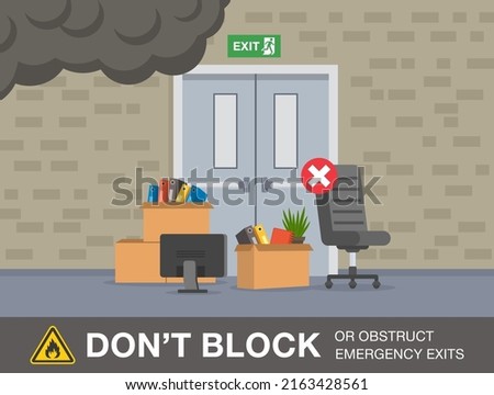 Fire safety activity. Do not block or obstruct emergency exits warning design. Blocked fire exit doors. Flat vector illustration template. Photo stock © 