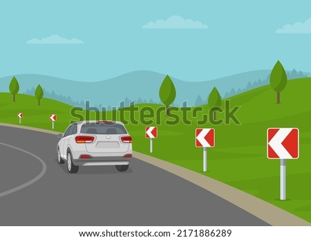 The road is turning in the direction of the arrow. Sharp curve or turn sign. Back view of a white suv car on the road. Flat vector illustration template.