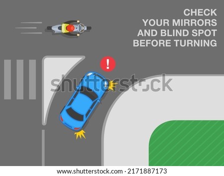 Safety driving tips and traffic regulation rules. A vehicle using a slip lane must give way to all cars continuing road when entering the road. Top view. Flat vector illustration.