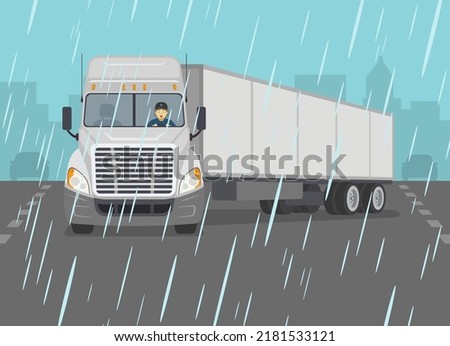 Safe car driving at rainy day. Front view of a truck skidding across the wet road. Slippery, wet roadway scene. Flat vector illustration template.