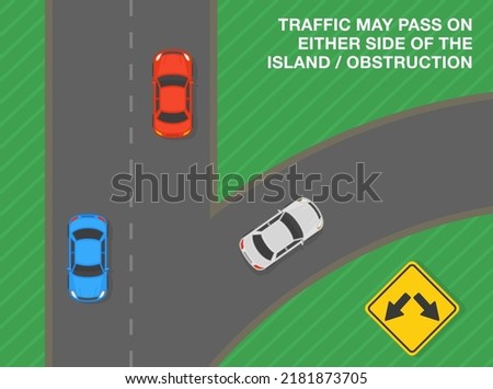 Safe driving tips and traffic regulation rules. Traffic may pass either side of the island, obstruction. Road sign meaning. Top view of a city road. Flat vector illustration template.