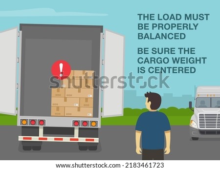 Heavy vehicle driving rules and tips. Checklist for truck drivers. The load must be properly balanced and centered. Semi-trailer loaded with cardboard boxes. Flat vector illustration template.
