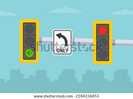 Traffic regulations. Close-up view of a traffic signal and left lane 