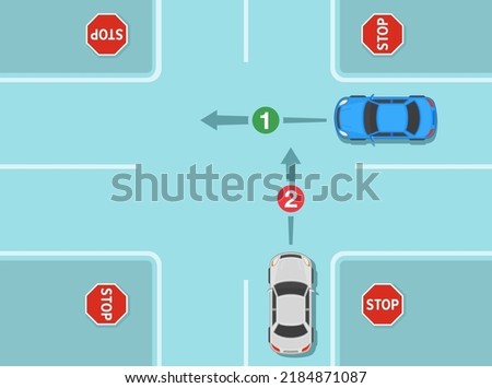 Safe driving tips and traffic regulation rules. Right of way at junction with four way stop sign. Cars on cross intersection. Flat vector illustration template.