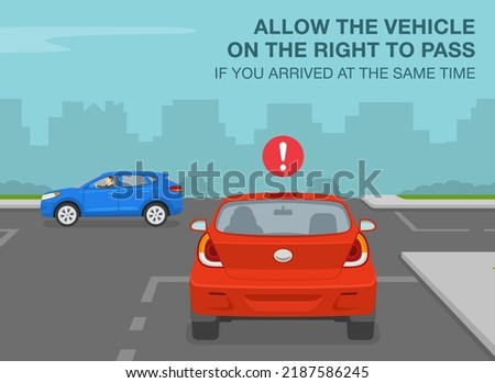 Safe driving tips and traffic regulation rules. Allow the vehicle on the right to pass, if you approaching at the same time. Intersection without traffic signal. Flat vector illustration template.