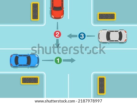 Safe driving tips and traffic regulation rules. Priority on intersection if the traffic light is inoperative, treat it as a 4-way stop. Top view of a crossroad. Flat vector illustration template.