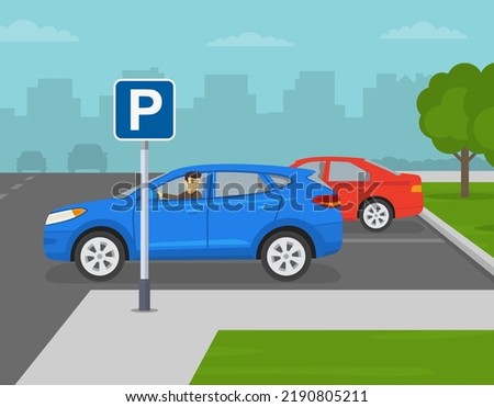 Car driving tips and outdoor parking rules. Young male driver is looking back from the open window while parking reverse. Flat vector illustration template.