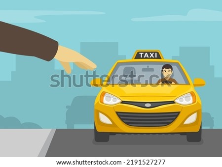 Character trying to catch a taxi on the street. Close-up arm stops cab on road. Flat vector illustration template.