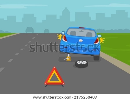 Back view of broken blue car. Changing flat tire using car jack. Red breakdown triangle stands behind the broken car on road side. Flat vector illustration template.