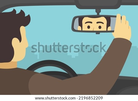 Male car driver adjusting rear view mirror in a car. Close-up back view of a driver checking rear mirror. Flat vector illustration template.