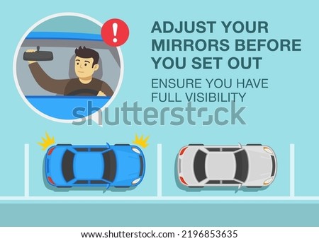 Safe driving tips and traffic regulation rules. Adjust your mirrors before you set out, ensure you have full visibility. Male driver adjusting rear mirror in a car. Flat vector illustration template.