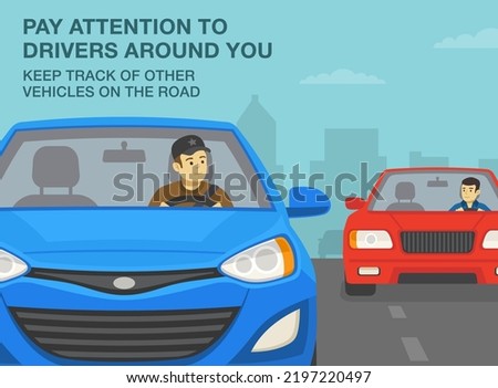 Safe driving tips and traffic regulation rules. Pay attention to drivers around you, keep track of other vehicles. Male driver looking at wing mirror while driving. Flat vector illustration template.