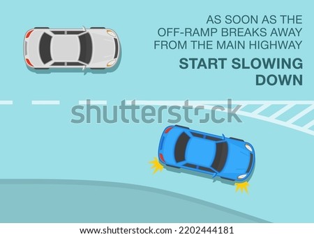 Safe driving tips and traffic regulation rules. As soon as the off-ramp breaks away from the main highway, start slowing down. Blue sedan car exiting a highway. Flat vector illustration template.
