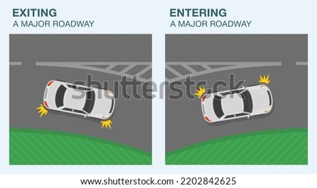 Safe driving tips and traffic regulation rules. Entering and exiting a major roadway. White sedan car merging onto and exiting a highway. Flat vector illustration template.