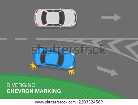 Traffic regulation rules and road marking meaning. Blue sedan car is exiting a highway. Top view of a traffic flow on highway. Flat vector illustration template.
