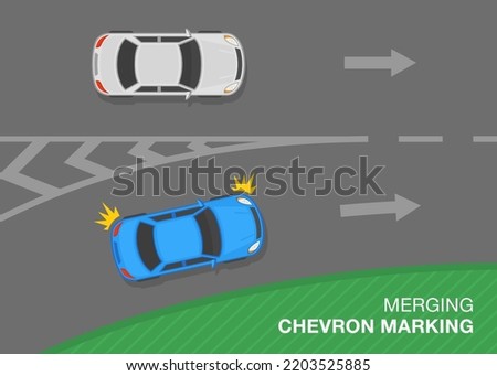 Traffic regulation rules and road marking meaning. Blue sedan car is entering the highway. Top view of a traffic flow on highway. Flat vector illustration template.