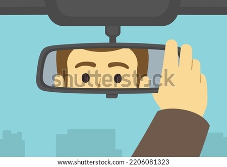 Male car driver adjusting rear view mirror in a car. Close-up of a driver looking at rear mirror. Flat vector illustration template.