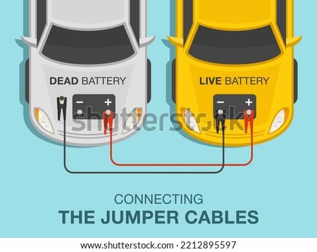 Safe driving tips. How to jump start a car. Correct connecting the jumper cables. Top view. Flat vector illustration template.