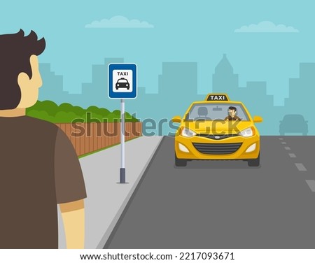 Young male character is waiting for city taxi. Back view of a passenger at taxi zone. Flat vector illustration template.
