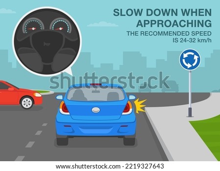 Safe driving tips and traffic regulation rules. Priority inside the roundabout. Slow down when approaching roundabout. Recommended speed. Flat vector illustration template.