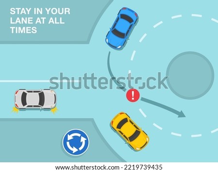 Safe driving tips and traffic regulation rules. Priority inside the roundabout. Stay in your lane at all times. Don't change lanes while in a multi-lane roundabout. Top view. Flat vector illustration.