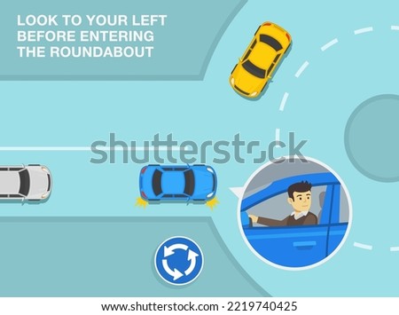 Safe driving tips and traffic regulation rules. Priority inside the roundabout. Look to your left before entering the roundabout. Top view. Flat vector illustration template.
