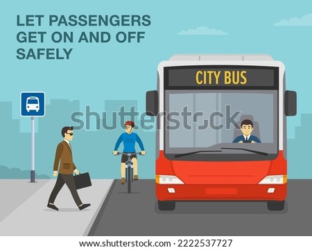 Pedestrian safety and car driving rules. Businessman getting on the bus. Let passengers get on and off safely. Male cyclist is approaching the bus stop. Front view. Flat vector illustration template.