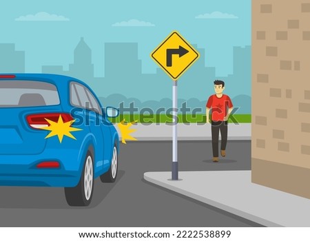 Safe car driving tips and traffic regulation rules. Blue suv turns on sharp turn. Young male character crossing the street. Flat vector illustration template.