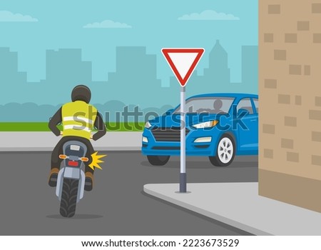 Safe car driving tips and traffic regulation rules. Motorcycle turns right on sharp turn with 