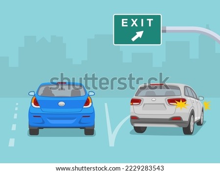 Traffic regulation rules. Lane direction sign. White suv car is exiting a highway. Back view of a traffic flow on highway. Flat vector illustration template.