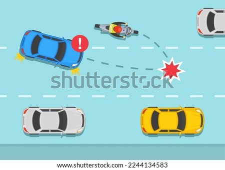 Safe motorcycle riding rules and tips. Right turn accident with same direction moving car. Same direction changing lane car and bike accident. Top view. Flat vector illustration template.