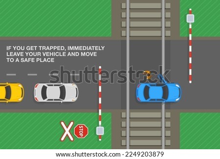 Safety driving tips and rules. If you trapped on level crossing, immediately leave your vehicle and move to a safe place. Top view of a car stuck on railway tracks. Flat vector illustration template.