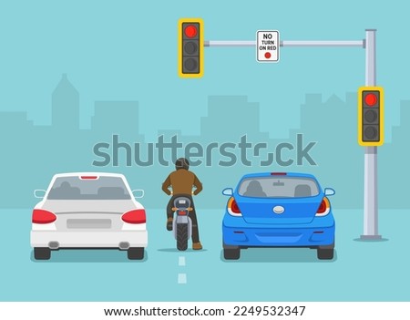 Traffic regulation rules and tips. Motorcycle riding between cars. Vehicles stopped at red traffic signal. Back view of city traffic flow. Flat vector illustration template.  