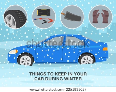 Winter season safe car driving tips and rules. Checklist for drivers. Things to keep in your car during winter. Flat vector illustration template.