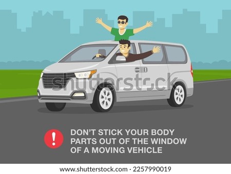 Safe driving tips and rules. Don't stick your body parts out of the window of a moving vehicle. Two guys in a van on the highway. Reckless driver dangles out car window. Flat vector illustration.