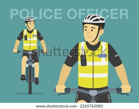 Isolated european bicycle patrol. Police officer on bike. Perspective front view. Flat vector illustration template.