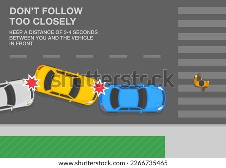 Safety driving tips and traffic regulation rules. Man crossing the street on crosswalk. Top view of a chain-reaction collision. Keep a safe distance on road. Flat vector illustration template.