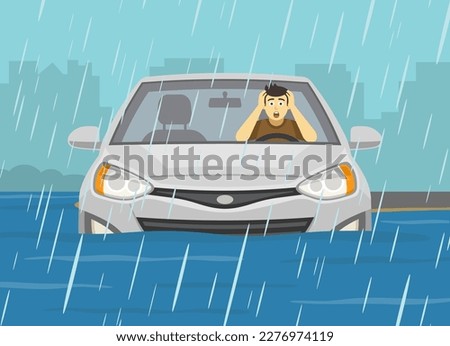 Flooded road and rainy weather conditions. A frightened male driver holding his head with hands. Scared character in a sinking vehicle. Flat vector illustration template.