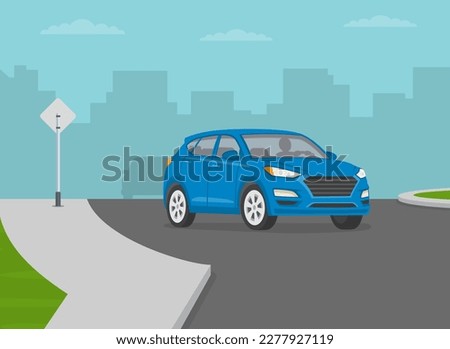 Priority inside the roundabout. Suv is approaching roundabout. Front view. Flat vector illustration template.
