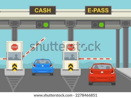 Back view of traffic flow on highway. Cars passing through checkpoint with barriers. Flat vector illustration template.