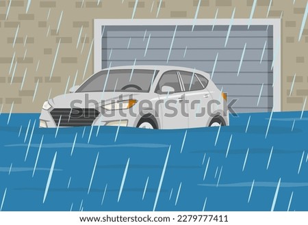 Rainy weather conditions. Front view of a flooded garage and suv. Flat vector illustration template.