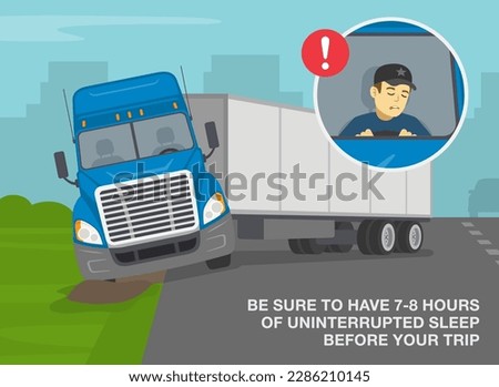 Heavy vehicle driving rules and tips. Semi-trailer loses control and gets stuck after driver falling asleep while driving. Flat vector illustration template.